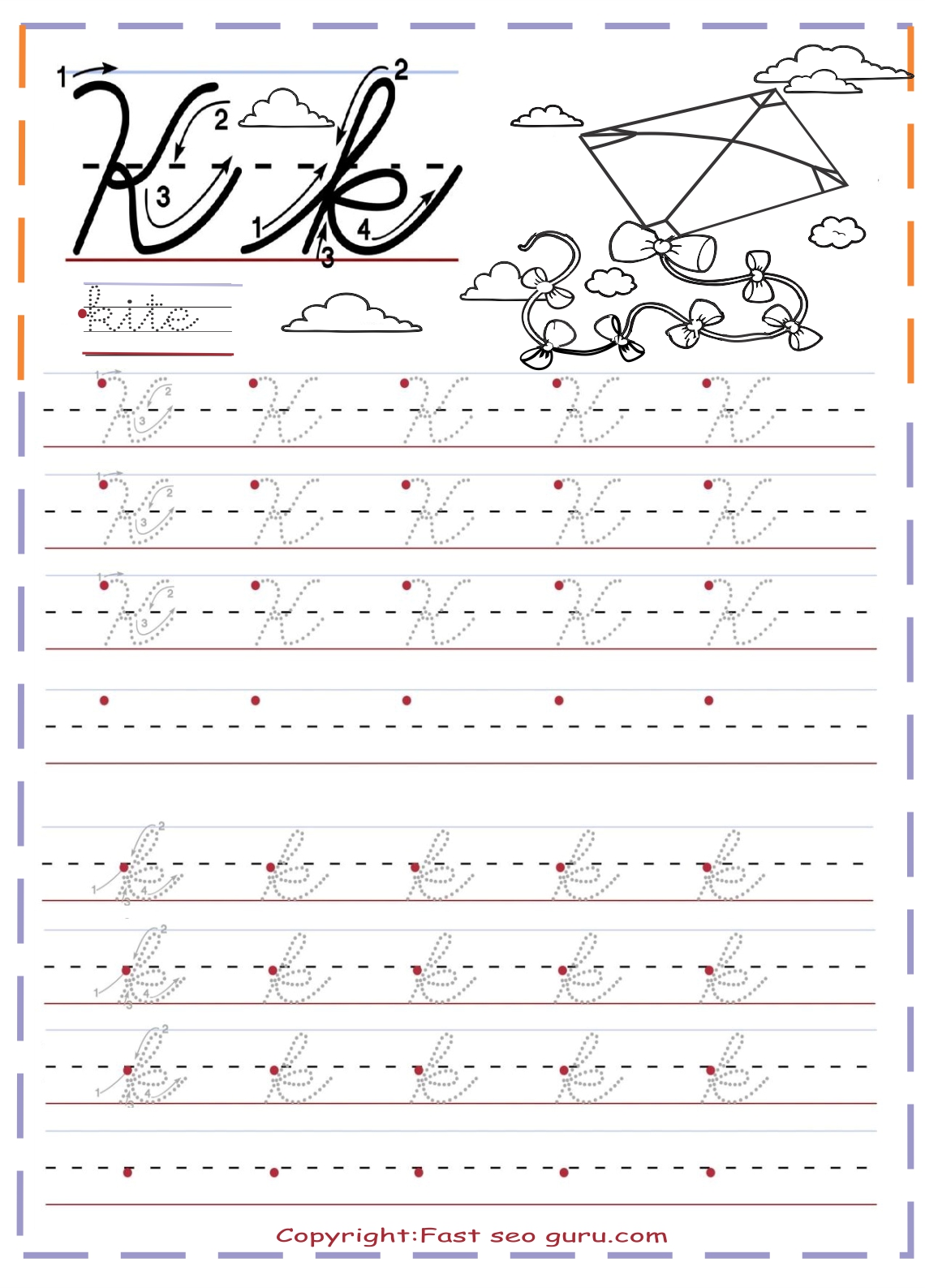cursive handwriting tracing worksheets letter k for kite